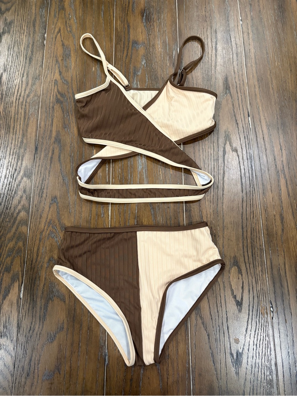 Colorblock Brown & Cream Kids Bikini Set